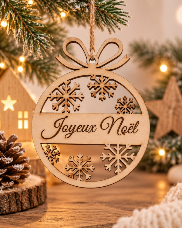 Boule de Noël en bois avec flocons personnalisée