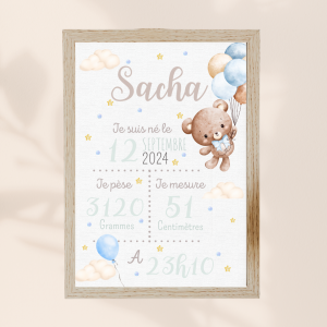 Cadre de naissance personnalisé Ourson