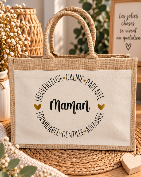 Sac cabas en jute personnalisé - Prénom & mots doux