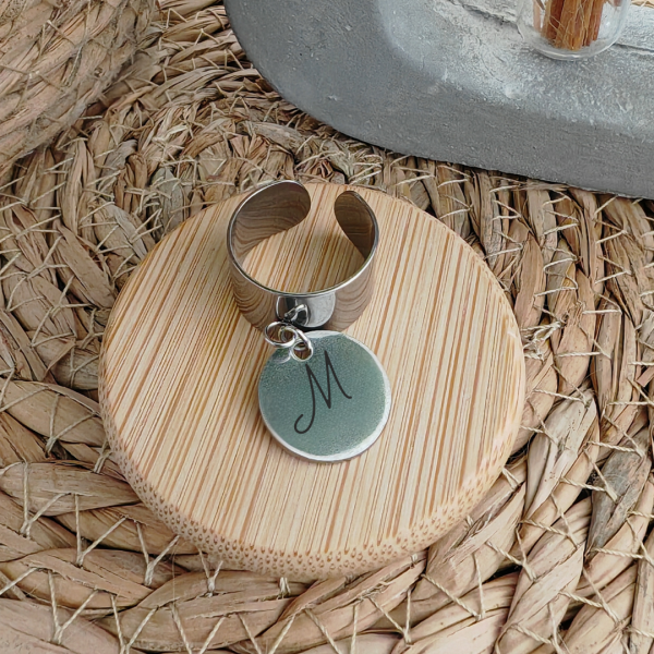 bague argent LL initiale Bague réglable H.10mm avec médaille ronde gravée 15mm