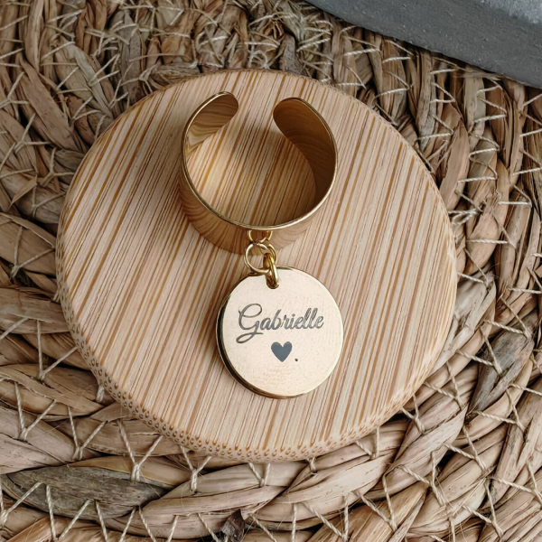 bague or LL Bague réglable H.10mm avec médaille ronde gravée 15mm