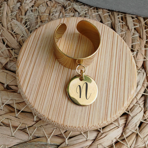 bague or LM initiale Bague réglable H.10mm avec médaille ronde gravée 12mm