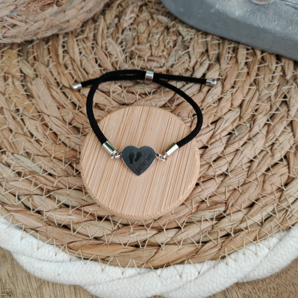 bracelet cordon argent texte picto Bracelet cordon réglable avec coeur