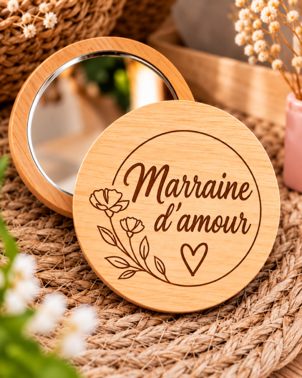 Miroir de poche en bois personnalisé - Cercle floral