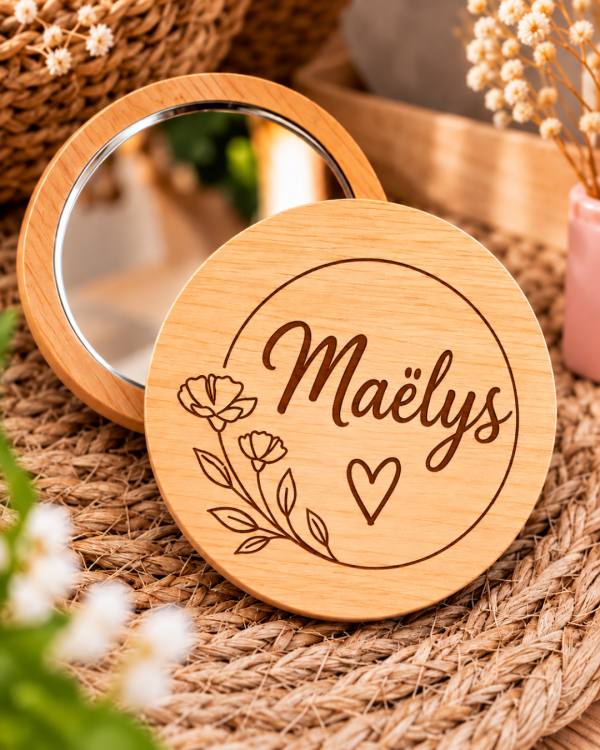Miroir de poche en bois personnalisé - Cercle floral