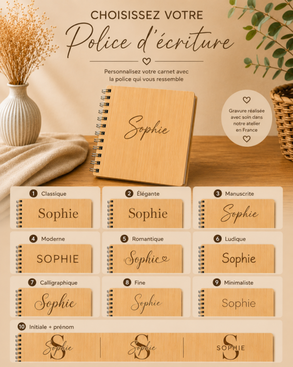 police d'écriture carnet en bois Carnet A5 à spirale en bambou personnalisé