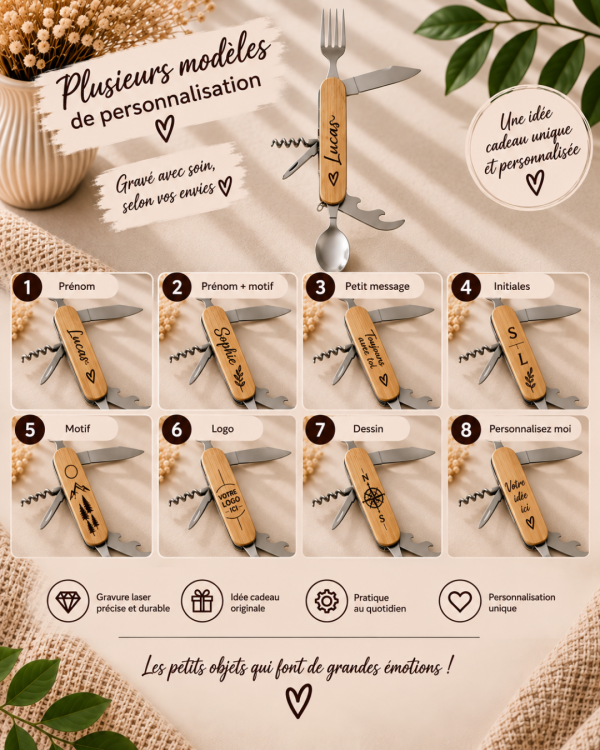 Couverts multifonction en bois personnalisé