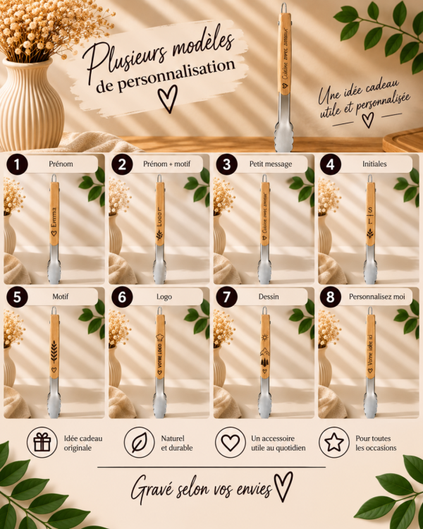 Pince à barbecue personnalisée - Bois & acier inoxydable