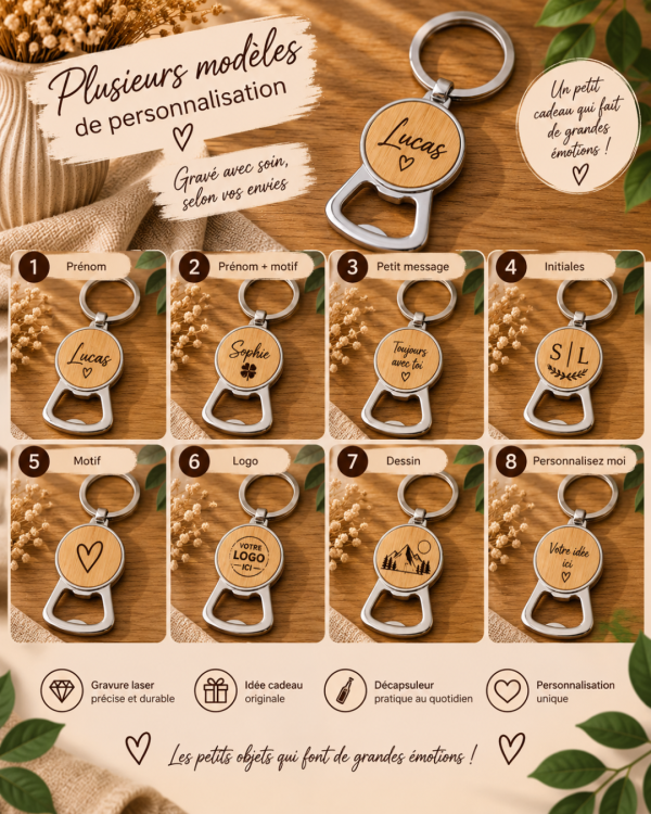 Porte clés décapsuleur personnalisé en bois & métal