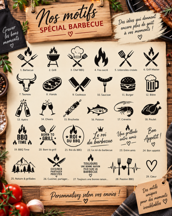 motif barbecue Box Barbecue personnalisé - Lot de 3 ustensiles