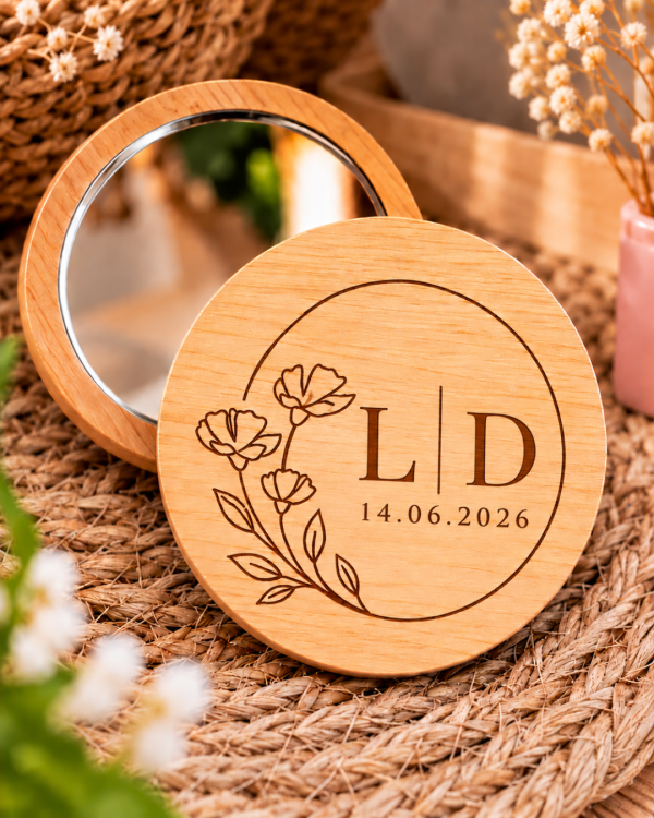 Miroir de poche en bois personnalisé - Cercle floral