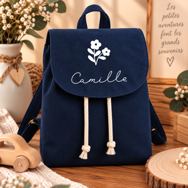 Sac à dos enfant personnalisé - Prénom & motif - Bleu marine