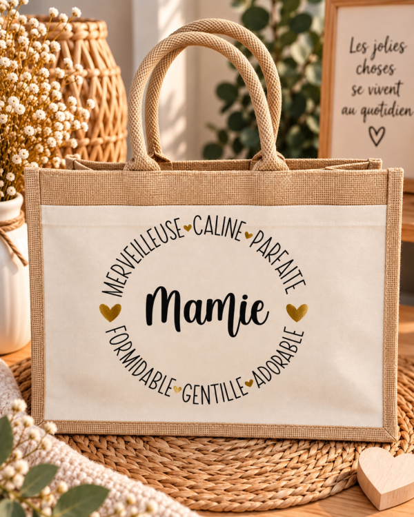 Sac cabas en jute personnalisé - Prénom & mots doux
