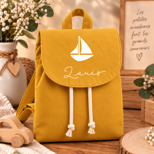 Sac à dos enfant personnalisé - Prénom & motif - Jaune moutarde