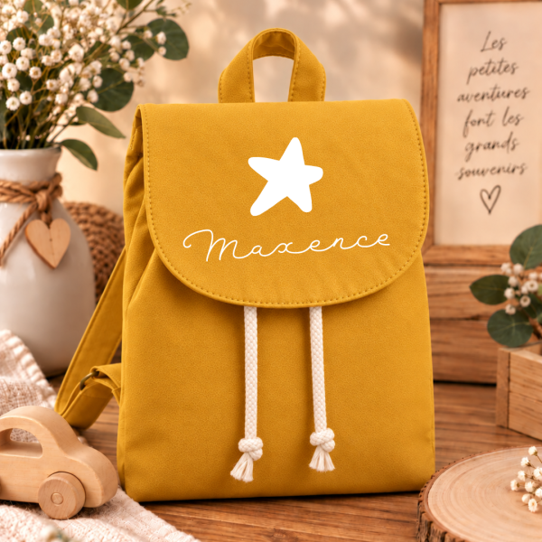 Sac à dos enfant personnalisé - Prénom & motif - Jaune moutarde